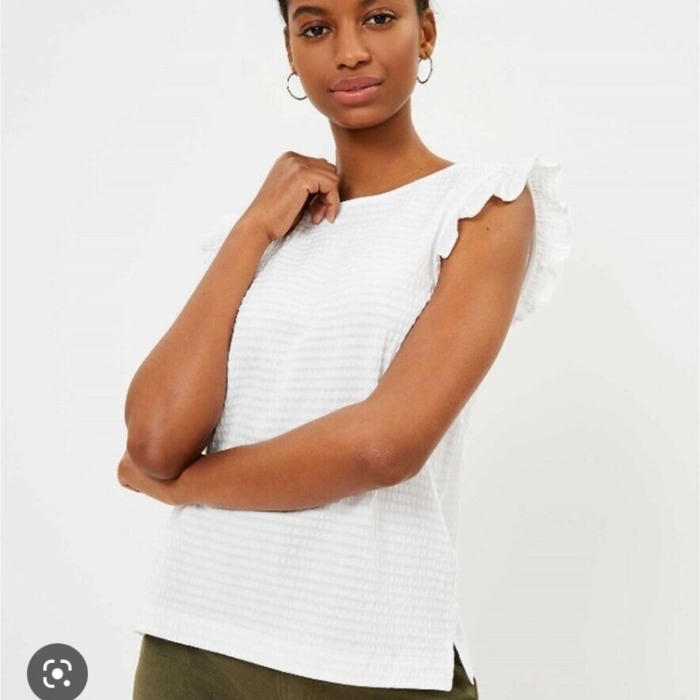 Loft White Ruffle Seersucker Tank Small NWT